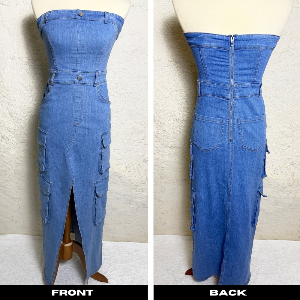 Strapless Denim Cargo Maxi Dress Tube Top Front Slit Size S Y2K Utility Gorpcore